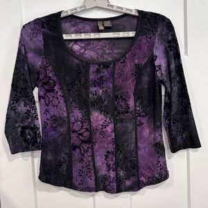 VTG Velvet Burnout Top Purple Black Dark Romance Floral Witchy Goth‎ Y2K Medium